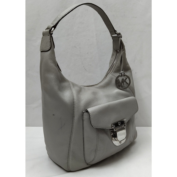Michael Kors Gray Pebbled Leather Pushlock Zipper Hobo Shoulder Bag - Picture 2 of 16